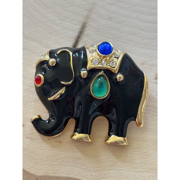 Vintage  Jeweled Elephant Brooch – Black Enamel, Rhinestones & Bold Cabochons - Picture 7 of 9